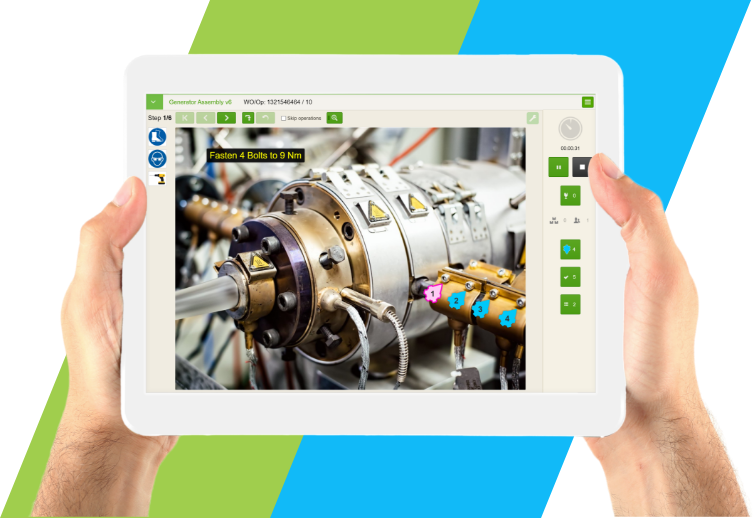 Worker hands holding a tablet with digital work instructions app open