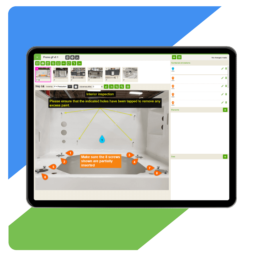 Tablet showing step-by-step work instructions with annotated inspection points