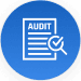 Icon of a paper that says audit and a magnifying glass over the paper. The icon is drawn with white lines inside a blue circle