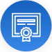 Icon of a certification with a badge. The icon is drawn with white lines inside a blue circle