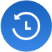 Icon of a clock circled with an arrow pointing counterclockwise drawn with white lines inside a blue circle