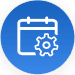 Icon of a schedeule with a cog. Drawn with white lines inside a blue circle