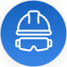 Security helmet and glasses icon drawn with white lines inside a blue circle
