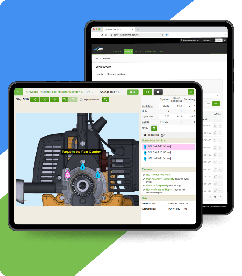 Two tablets with VKS digital work instructions app examples.