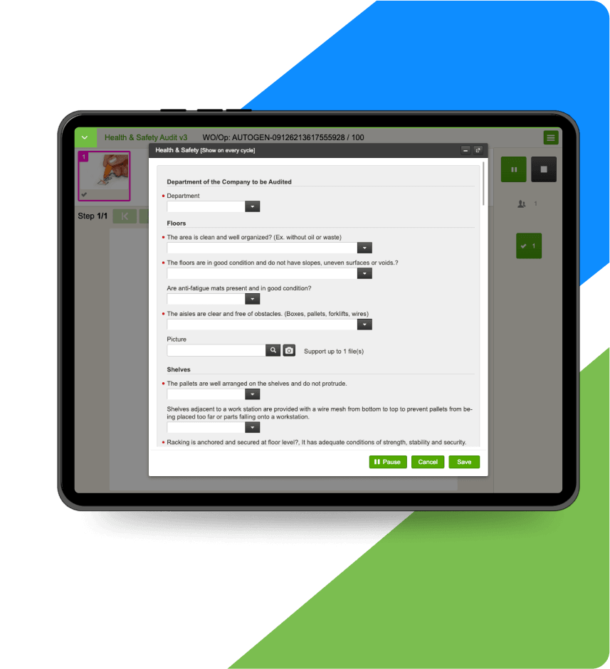 Tablet with VKS digital work instructions app open.