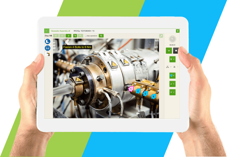 Worker hands holding a tablet with digital work instructions app open