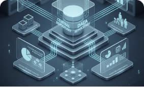 Isometric illustration of a business-intelligence / analytics hub. (Business Intelligence card)
