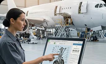 Operator on the factory floor interacting with a VKS touchscreen displaying a 3D work instruction.