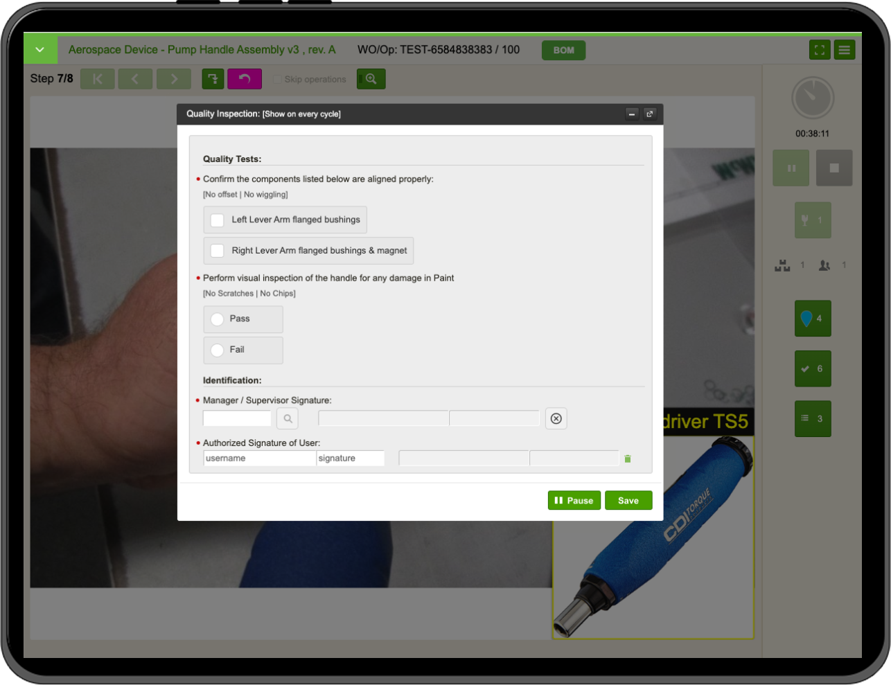 VKS Pro form used to capture visual inspections, signatures, and validations during assembly