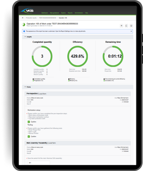 VKS Pro dashboard showing real-time KPIs, smart form data, and productivity reports